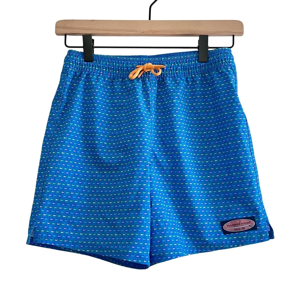 Vineyard Vines Boys Small 8 Chappy Swim Trunks Blue Micro Whale Print NWT Lined